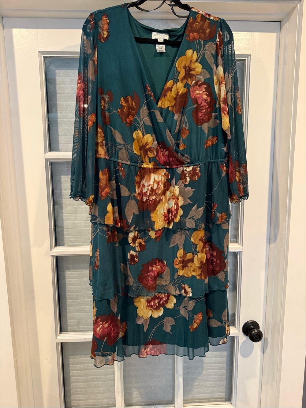 Floral Teal Tiered Midi Dress - Faux Wrap, Long Sleeve